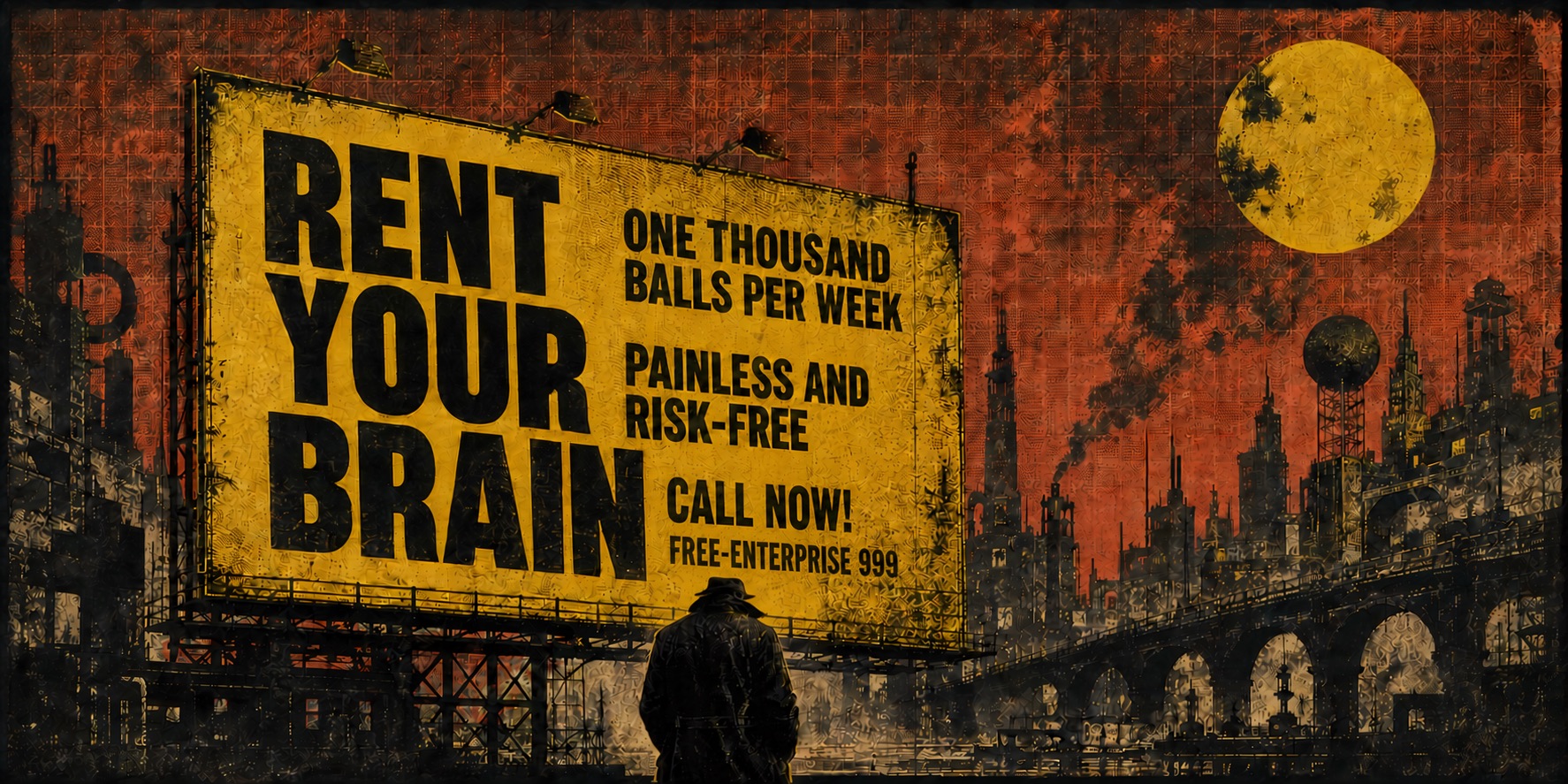 Rent Your Brain billboard in Metropolisse with Free-Enterprise 999 printed under Call Now